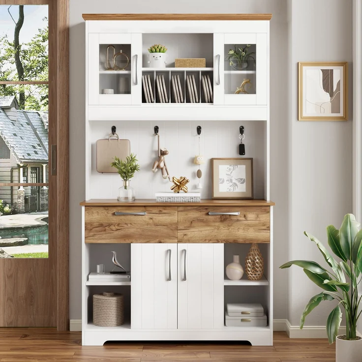 Großer Küchenbuffet Schrank mit Stauraum, Küchenschrank mit Vitrinenfächern, 2 Schubladen, Türen und Hakenleiste – Moderner Buffetschrank für Küche, Esszimmer & Flur, 106 × 39 × 176,5 cm--Natur, Weiß--106x39x176.5cm--YOUDENOVA – Bild 9