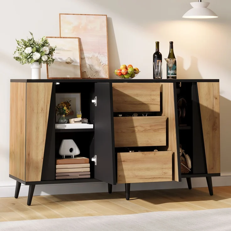 Abrihome Sideboard Aufbewahrungsschrank, Kaffeebar, 3 Schubladen, Naturholz, 120 x 40 x 70 cm – Bild 4
