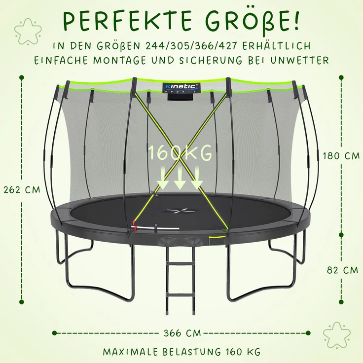KINETIC SPORTS 'Ultimate Pro' Premium Outdoor Trampolin, für Kinder und Erwachsene, AirMAXX Sprungtuch, mit Leiter, Fieberglas, bis zu 160 kg, Schwarz-Neongrün, Ø 366 cm – Bild 8