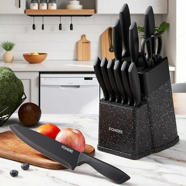 FOHERE Messer-Set aus hochwertigem Edelstahl, mit ergonomischen Griffen (13-tlg), Inkl. integriertem Schärfblock, spülmaschinenfest & rostfrei – Bild 4
