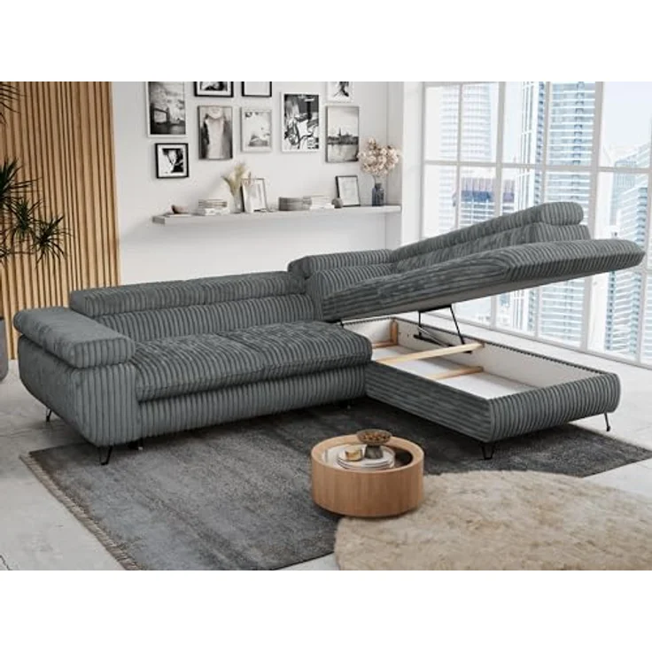 Mks Möbel 'Peter L-form' Ecksofa mit Bettfunktion, Bettkasten & einstellbaren Kopfstützen, Dunkelgrau, Cord, rechts – Bild 5