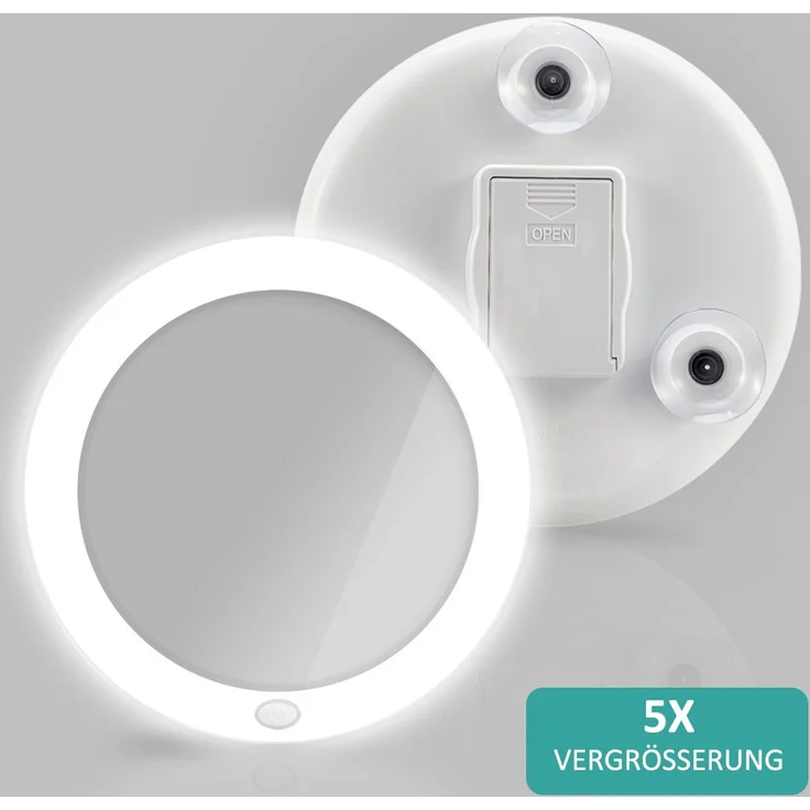 EMKE Kosmetikspiegel mit beleuchtung mit 5 fach VergrÃ¶ÃŸerungsspiegel, WeiÃŸ LED Schminkspiegel mit Saugnapf, 165 mm Durchmesser Tragbarer Wandspiegel Batteriebetrieben – Bild 6