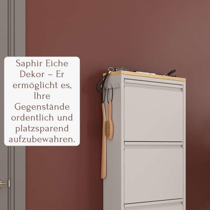 Schuhkipper mit Zubehör, Grau, 4 Klappen 52x15x138,5 cm, Saphir Eiche Dekor, Hakenleiste