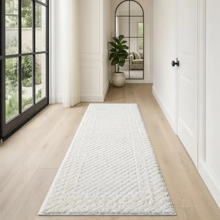 Teppich Läufer fürs Flur - 80x300cm - Hochflor - Boho - Pastell Creme - Einfarbig - Modern Raute Muster- Skandinavisch Flauschig Weich - Schlafzimmer – Bild 1