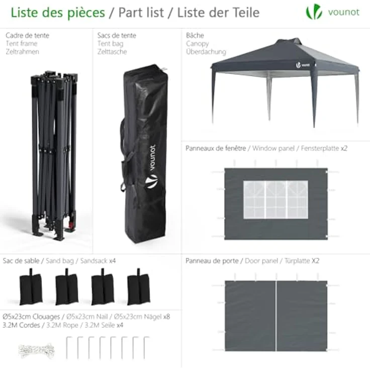 VOUNOT Pavillon 3x3 m Wasserdicht Stabil Winterfest, Pop Up Faltpavillon mit 4 Seitenteilen und 5 Sandsäcke, Faltbar Partyzelt Gartenzelt Gartenpavillon inkl. Tasche, Grau – Bild 3