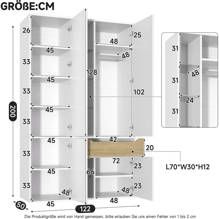 Kleiderschrank 122 x 50 x 200 cm aus MDF mit Glasvitrine und LED-Beleuchtung – Bild 4
