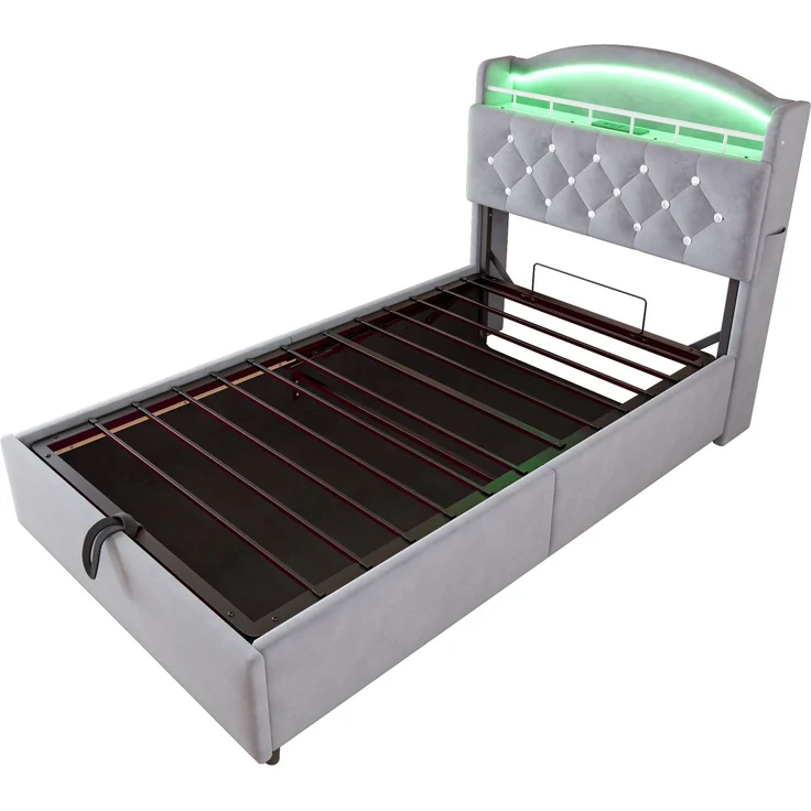 Kinder Polsterbett 90x200, Samt Einzelbett Multifunktionsbett mit Stauraum mit LED und USB Grau – Bild 10
