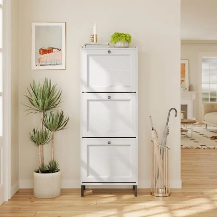 Bealife Schuhregal mit 3 Klapptüren, doppelte Tiefe, schmaler Organizer für den Eingang, 50 x 118 x 24 cm, für Flur, Schlafzimmer (weiß) – Bild 5