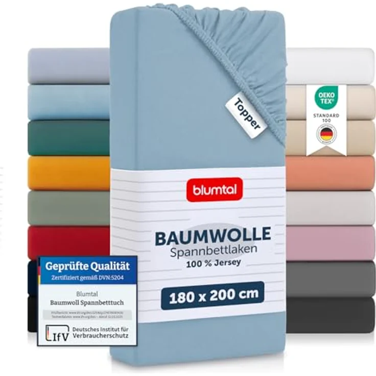 Blumtal® Baumwolle Spannbettlaken für Topper 180x200 cm Basics Jersey - Bettlaken 180x200 cm - Oeko-TEX zertifiziertes Spannbetttuch 180x200 - Topper Spannleintuch 180x200 - Betttuch - Dusk Blue – Bild 2