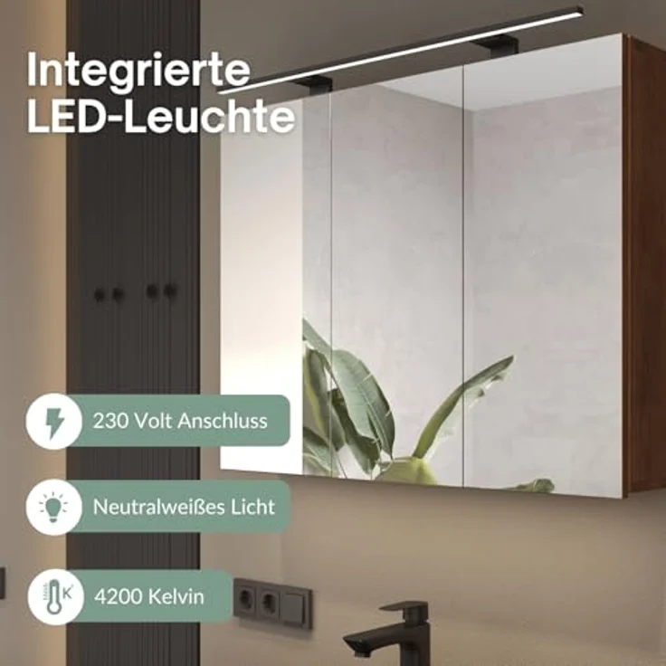 Planetmöbel ARIA Spiegelschrank Bad mit Beleuchtung 120 cm breit | Badschrank hängend mit Spiegel | Gold Eiche, mit Leuchte und Steckdose, Spiegelschrank Gäste WC 120 x 70 x 16 cm – Bild 6