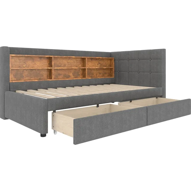 Stauraumbett mit Schubladen, Lattenrost, Regal, USB und Type-C Anschluss, 90x200 cm, Einzelbett, Polsterbett, Leinen – Bild 4