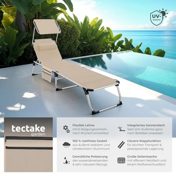 tectake Gartenliege Sonnenliege, 1, 1 St, 1tlg, gepolstert, klappbar – Bild 3
