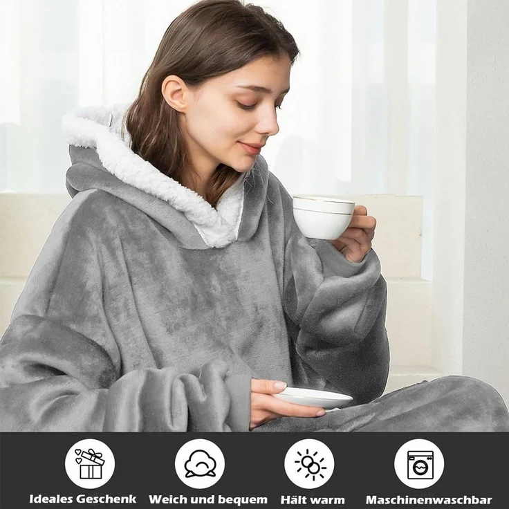 Wohndecke Extra Lange Kuscheldecke, Decke mit Ärmeln und Kapuze Wearable Decke, TUWENA, 120/150cm Tragbare Deckenhoodie Unisex Flanell Fleece Oversized Decke