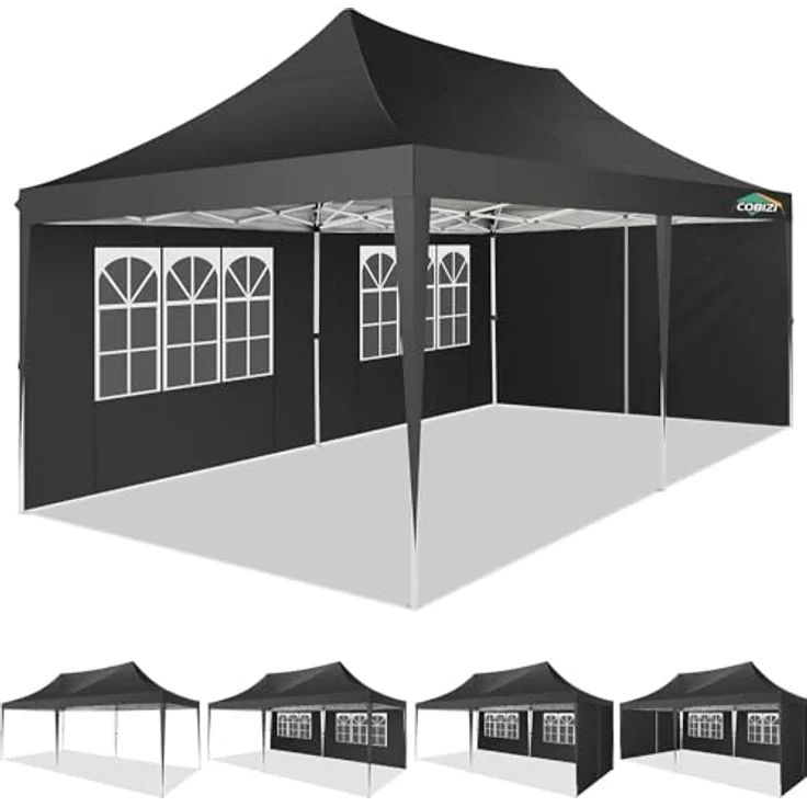 COBIZI Pavillon partyzelt 3x6 wasserdicht stabil Winterfest,Pop-Up faltpavillion mit 6 Seitenteilen Kommerzielle sofort aufklappbare Vordächer Outdoor Gartenzelt Partyzelt für Party Festival,Schwarz – Bild 7