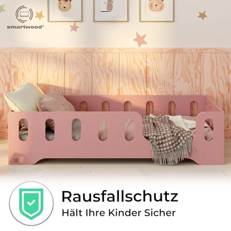 smartwood Kinderbett Bodenbett 100x190 mit Rausfallschutz & Lattenrost - Rosa - Kinder Montessori Bett TILA 2P mit glatten Kanten - Betten für schnelle Montage - Bis 230 kg belastbar – Bild 7