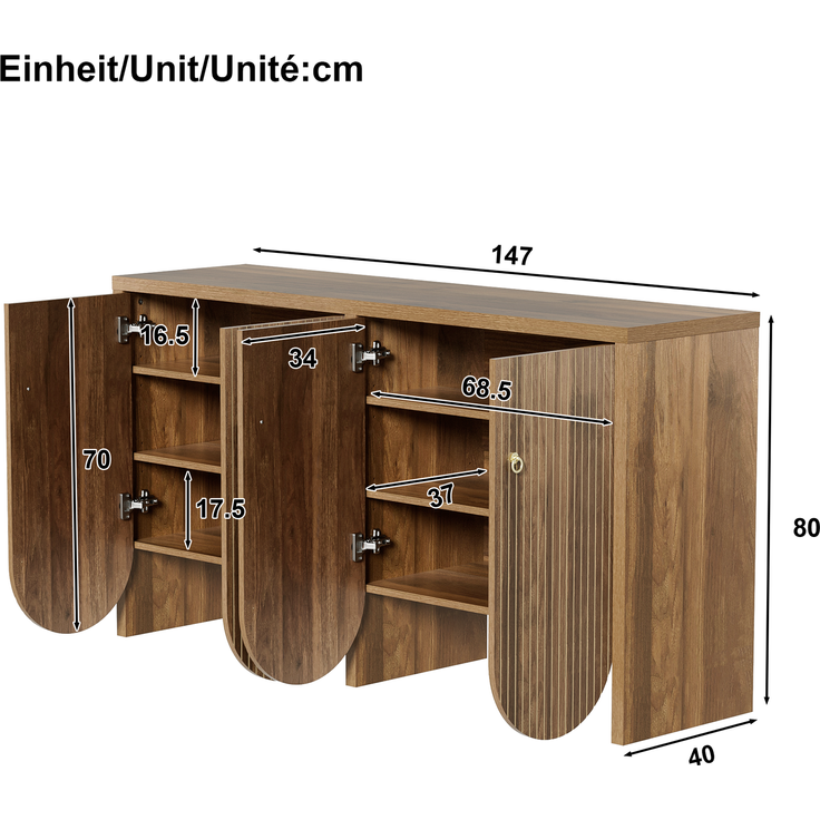 DESVIAE Sideboard mit 4 Türen und verstellbaren Einlegeböden 147x80x40 cm MDF Walnuss – Bild 10