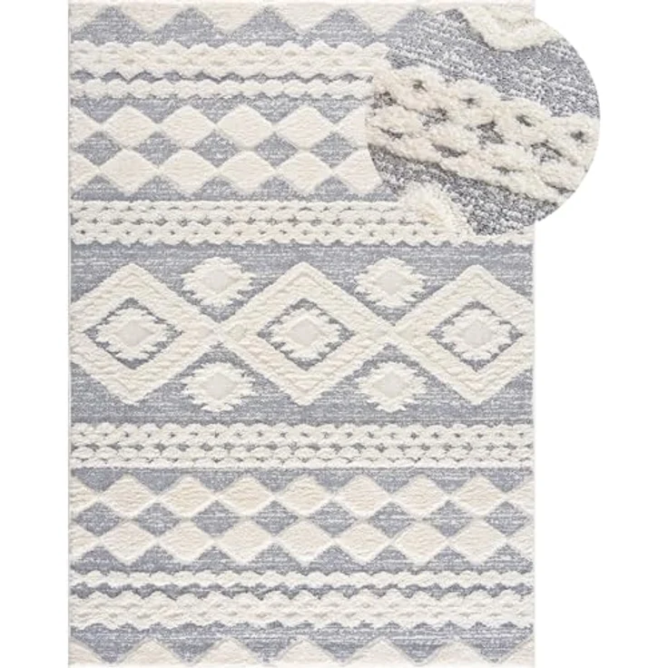 Teppich Wohnzimmer Hochflor - Boho - Pastell Cream Grau - 120x170cm - Einfarbig - Modern Raute Meliert Muster - Skandinavisch Flauschig Weich - Wohnteppich Schlafzimmer Dekoration – Bild 3