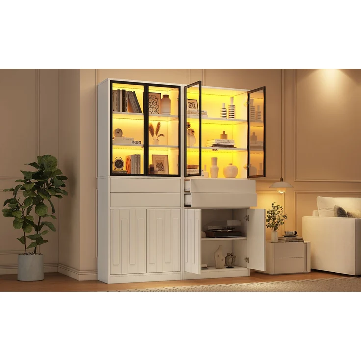 Zweierpackungen Vitrine Display Schrank 140×34×180cm aus Spanplatte, Bücherschrank mit 2 Glastüren, 2 Schublade, LED‑Beleuchtung,hohe Schränke, Weinschränke, vitrinen schrank für Wohnzimmer,Weiß--Weiß--140x34x180cm--YOUDENOVA – Bild 10