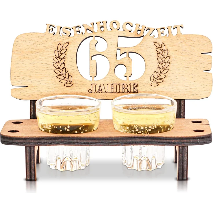 DARO Design - Schnapsbank 65. Hochzeitstag Eisenhochzeit Geschenk Deko für Paare Männer Frauen aus Holz mit Gläsern