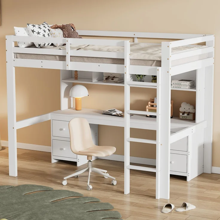 Hochbett 90x200 cm mit Schreibtisch und Stauraum,Kinderbett aus massivem Kiefernholz,Multifunktionsbett mit 4 Schubladen und 4 Regalfächern,Weiß – Bild 2