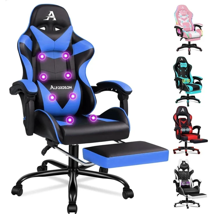 Gaming-Stuhl LED Racing Gamer mit 12-Farben RGB Massage Lordosenstütze Fußstütze – Bild 1