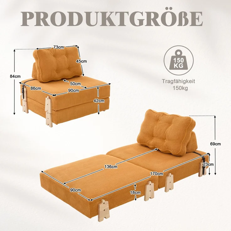 1-Sitzer Schlafsessel 90 x 86 x 84 cm aus Cord mit Schlaffunktion – Bild 4