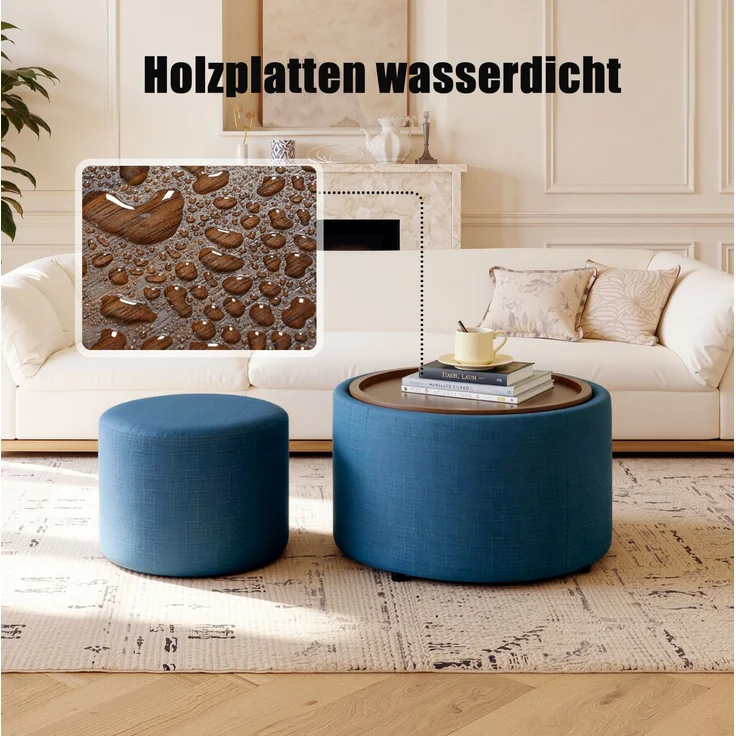 DESVIAE Hocker-Set 2-tlg. mit Stauraum und Holzablage, Ø 58 cm, Leinen Blau, 58 x 58 x 38 cm – Bild 5