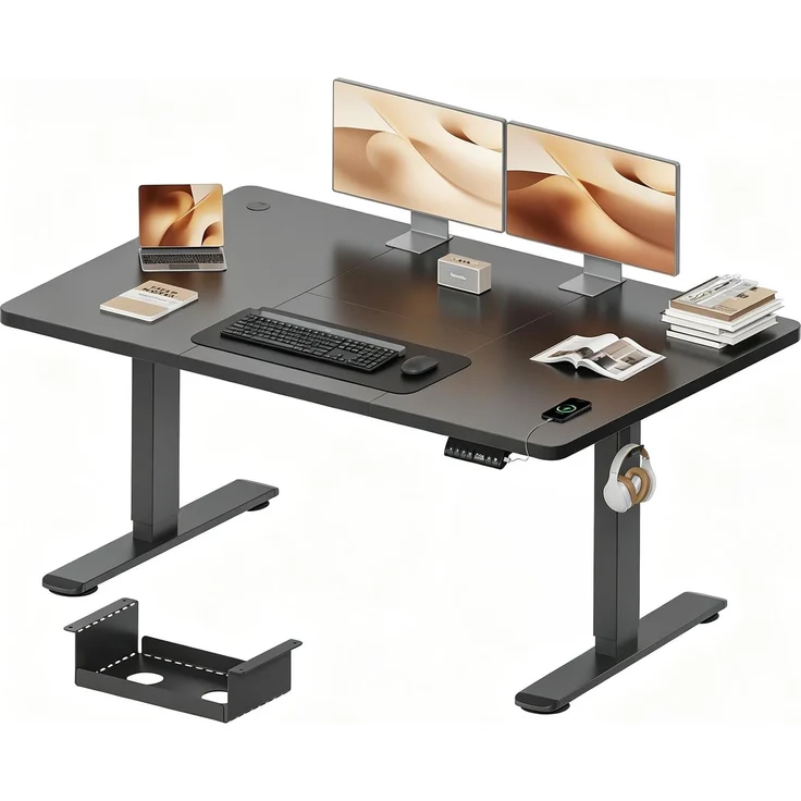 JUMMICO Höhenverstellbarer Schreibtisch 140x70 cm mit Kabelwanne & USB-A | Schreibtisch Höhenverstellbarer Elektrisch mit 18 mm Tischplatte, Sitz‑Erinnerung Computertisch,Tintenschwarz