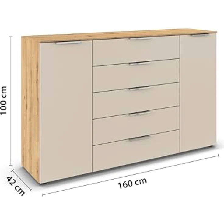 Rauch Möbel Flipp, Kommode für Schlafzimmer, Kinderzimmer, Wohnzimmer, Jugendzimmer, Flur, Garderobe, 2-türig, 5 Schubladen, mit Softclose-Funktion, Farbe Eiche Artisan, Holz/Beige, Breite 160 cm – Bild 4