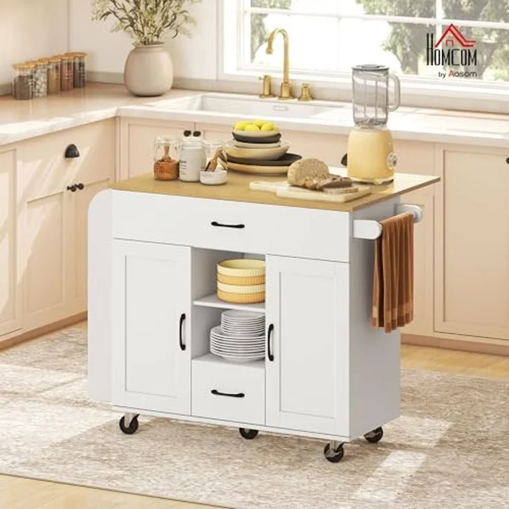 HOMCOM Servierwagen Küchenwagen, (Küchenrollwagen, 1 St, Küchenwagen auf Rollen), mit Rollen, Handtuchstange, Weiß – Bild 2