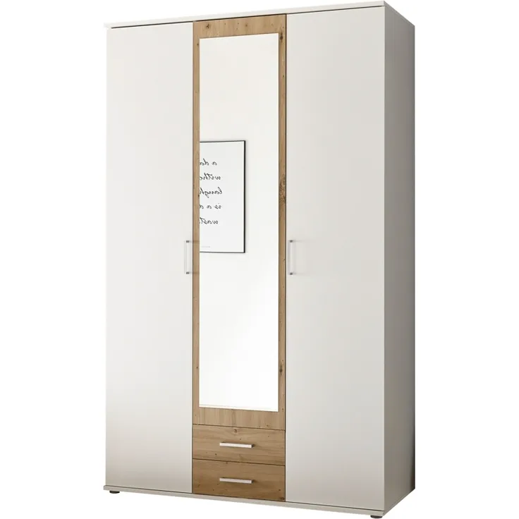 HANAU Kleiderschrank mit Spiegeltür in Weiß, Artisan Eiche Optik - Vielseitiger Drehtürenschrank 3-türig für Ihr Schlafzimmer - 120 x 196 x 54 cm (B/H/T)