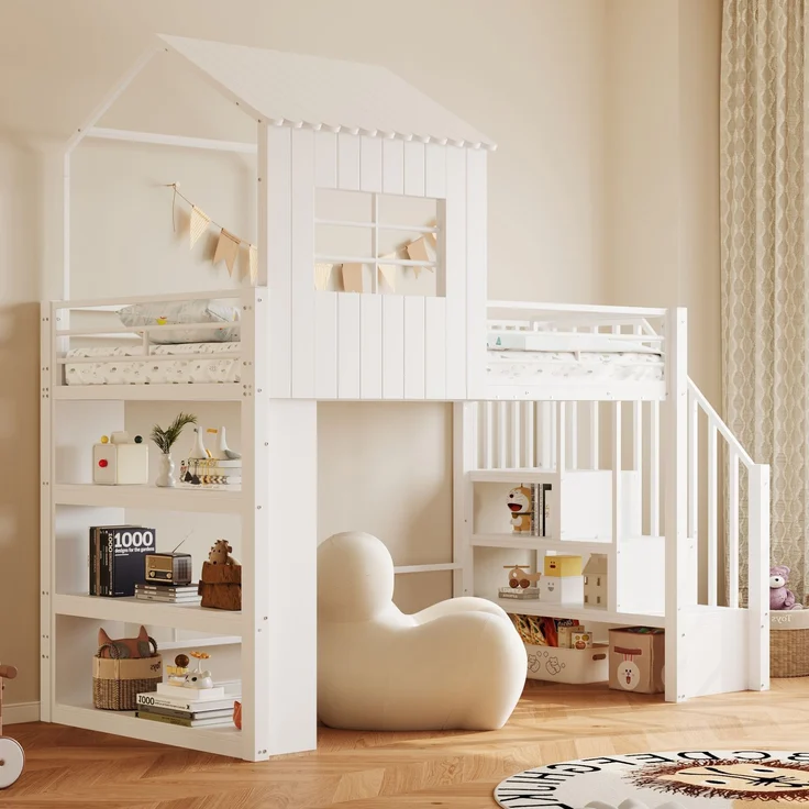 Merax Hochbett 90×200 cm, Kinderbett, Jugendbett, Hausdesign, Mehrstöckiges Stauraumregal, Sichere Treppe (montierbar links/rechts), Weiß – Bild 2