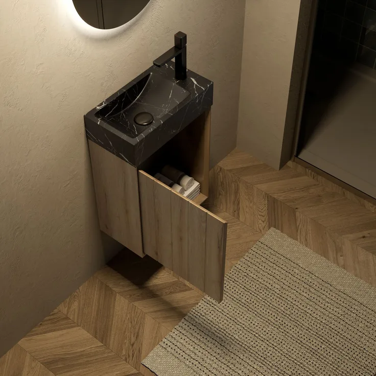 Waschtischunterschrank 40 cm breit mit Naturmarmorbecken, Tür und Dekor in Weiß-Eiche,58 x 40 x 22 cm