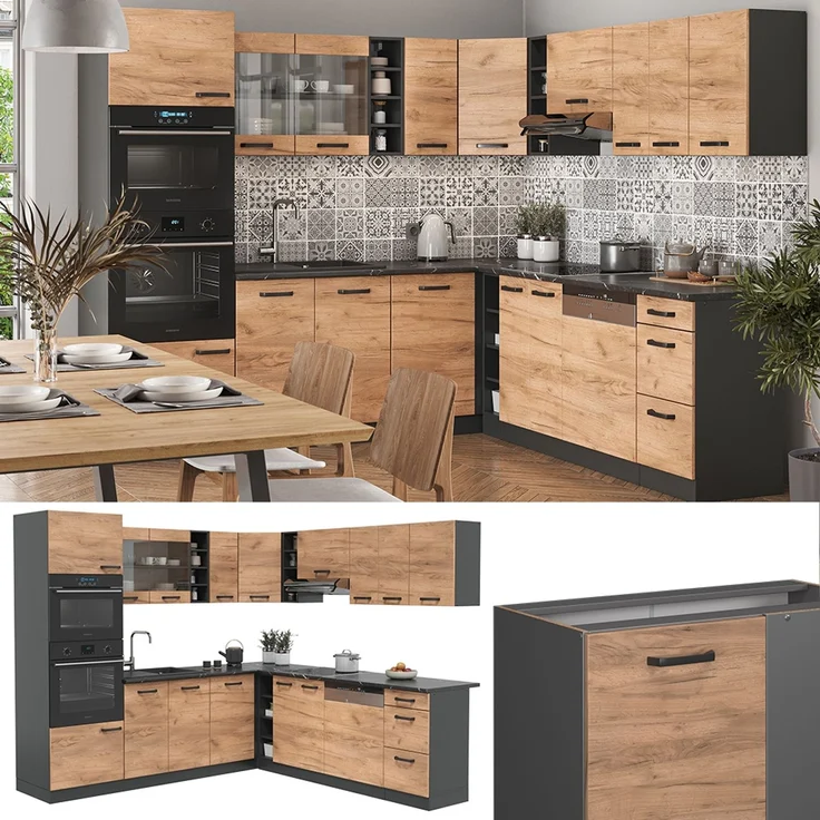 Eckküche R-Line Anthrazit/Goldkraft Eiche 247 x 237 cm, AP Marmor Vicco – Bild 2