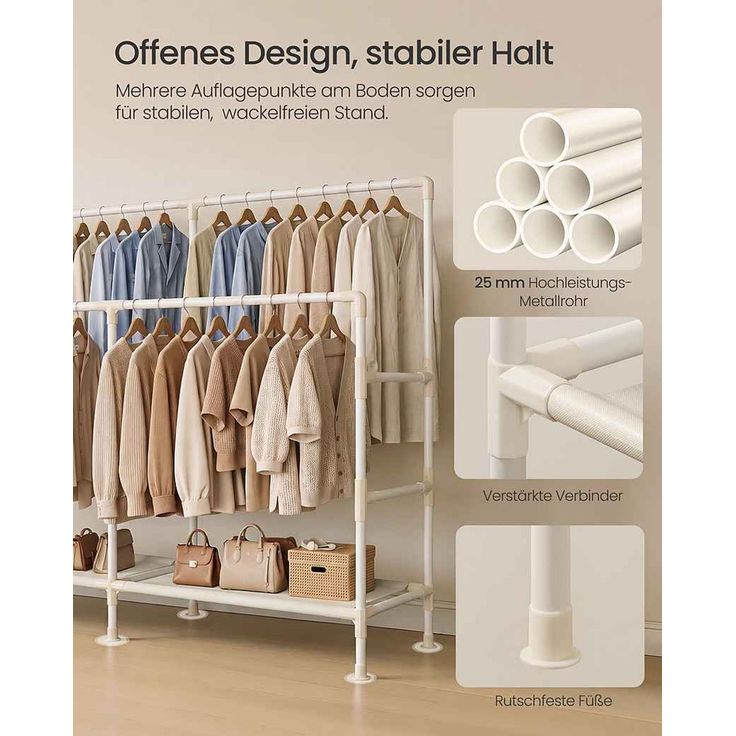 SONGMICS Kleiderständer mit Doppelstange und 2 Ablagen, Belastbar bis 100 kg, 163 x 45 x 156 cm, Weiß – Bild 4