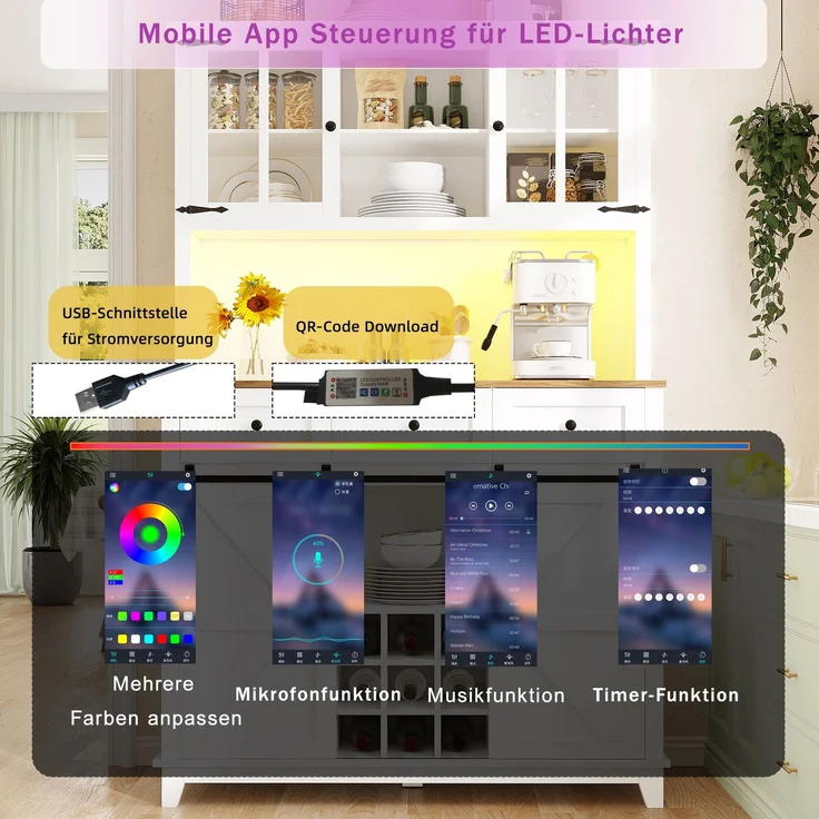 Küchenschrank(105×38.4×180cm), Hochschrank Küchenbuffet, Vitrinenschrank, Buffetschrank mit Verstellbaren Ablagen, Sideboard mit LED-Beleuchtung,Variable Lichtfarben,weiß – Bild 5