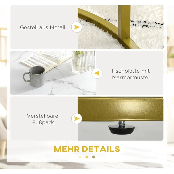 HOMCOM Couchtisch 2er-Set, Rund, mit Stahlgestell in Gold, Marmoroptik, stapelbar (Kaffeetisch, 2-St, Eckiger Beistelltisch), für Wohnzimmer, bis 30 kg belastbar, Weiß – Bild 6