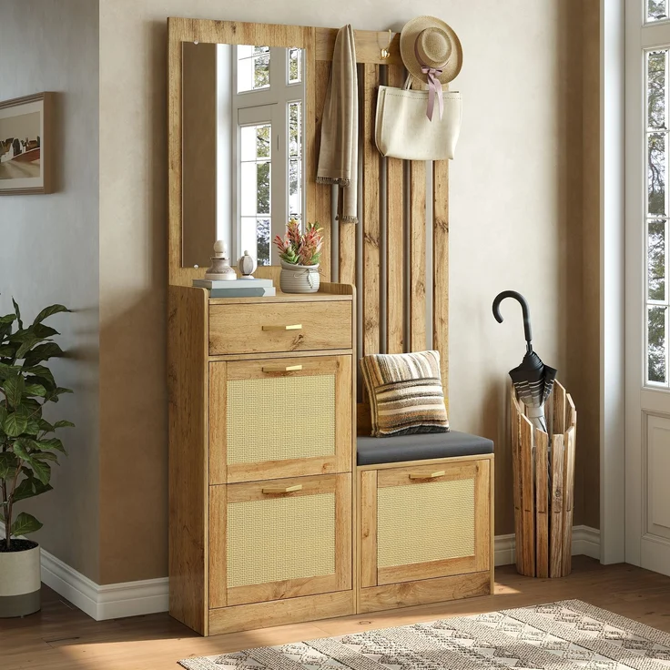 Faumrta Kompaktgarderobe mit Spiegel und Sitzbank,Flurgarderobe mit Schuhschrank und Haken, Kleiderhaken,Flurmöbel Set,Flurgarderobe. 99.5CM*26CM*180CMNaturalMDF (Medium-Density-Faserplatte) – Bild 4