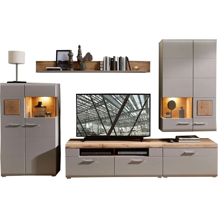 Wohnwand Flensburg / Fun Plus II, Holzwerkstoff, Beige, Grau, Holzfarben, 320 x 205 x 47 cm