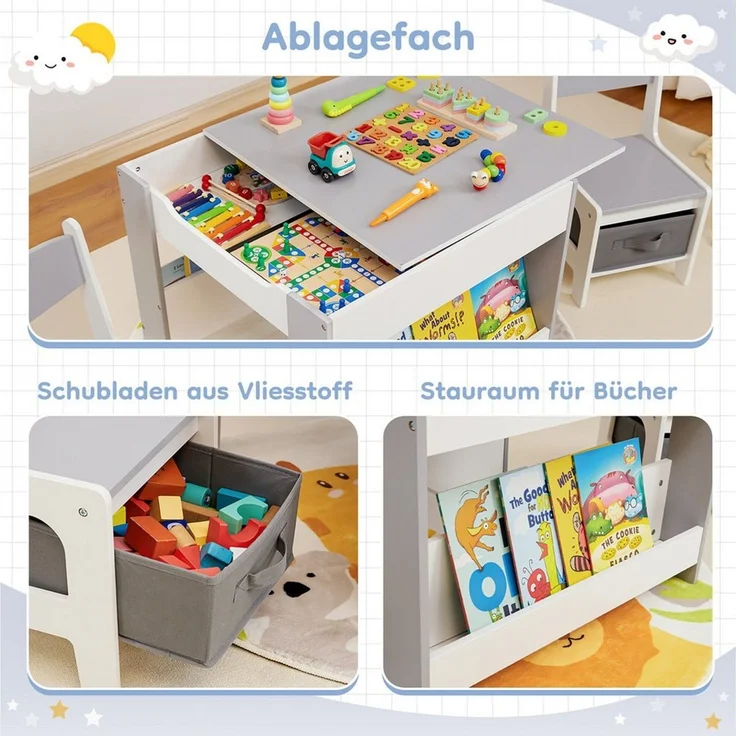 Yorbay Kindersitzgruppe Kindertisch mit Stauraum, Maltisch Kindermöbel mit 2 Stühlen, (3-tlg, Tischplatte abnehmbar), Sitzgruppe für Kinder – Bild 3
