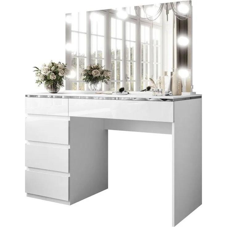 Lookway Schminktisch AURORA II SILVER ELITE mit Spiegel und LED Beleuchtung (1x Schreibtisch 1x Spiegel), Breite: 120 cm