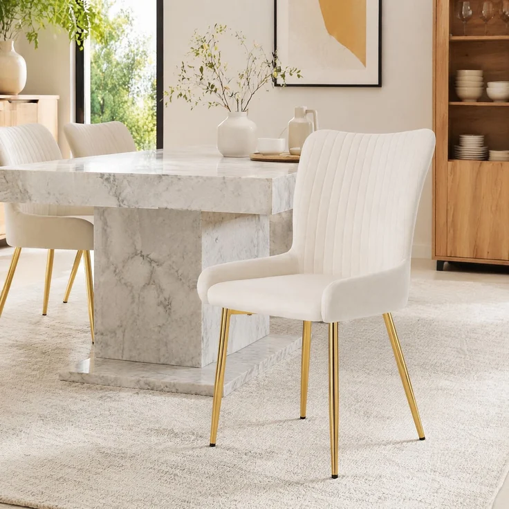 Esszimmerstuhl-Set, Samt, 6er-Set mit Metallgestell, 58×47×85 cm, Beige/Gold – Bild 4