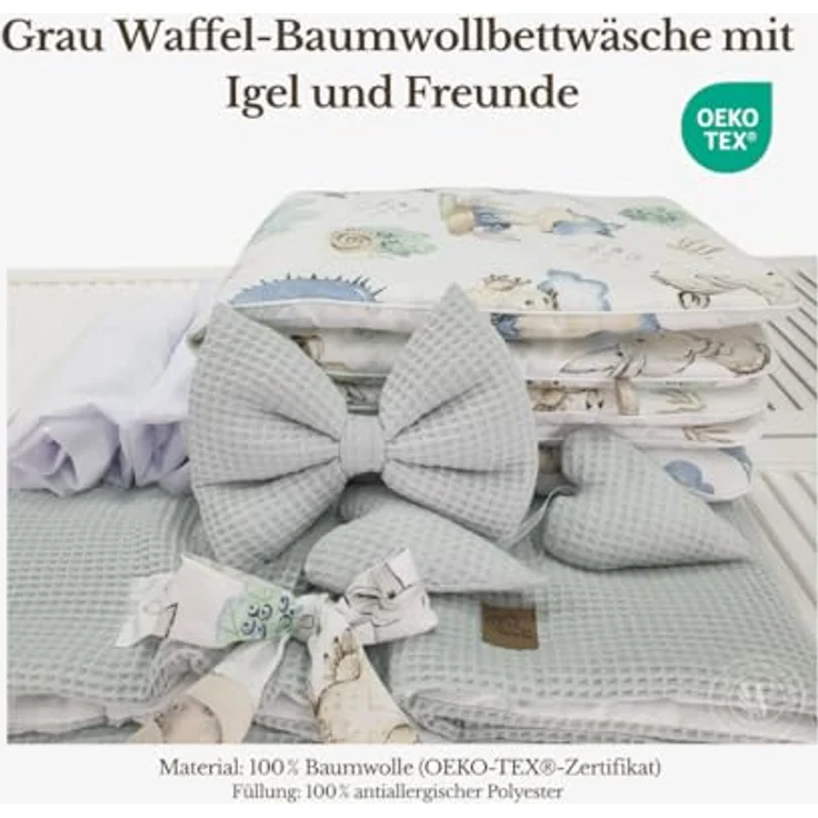 Wiklinopol Stubenwagen aus Weide mit Baldachin und Gestell Lena – Moseskorb in Grau, Komplettset mit 5-TLG. Waffel-Bettwäsche Igel & Freunde Grau – Mit Rollen, Tragbar, Sicher – Bild 7