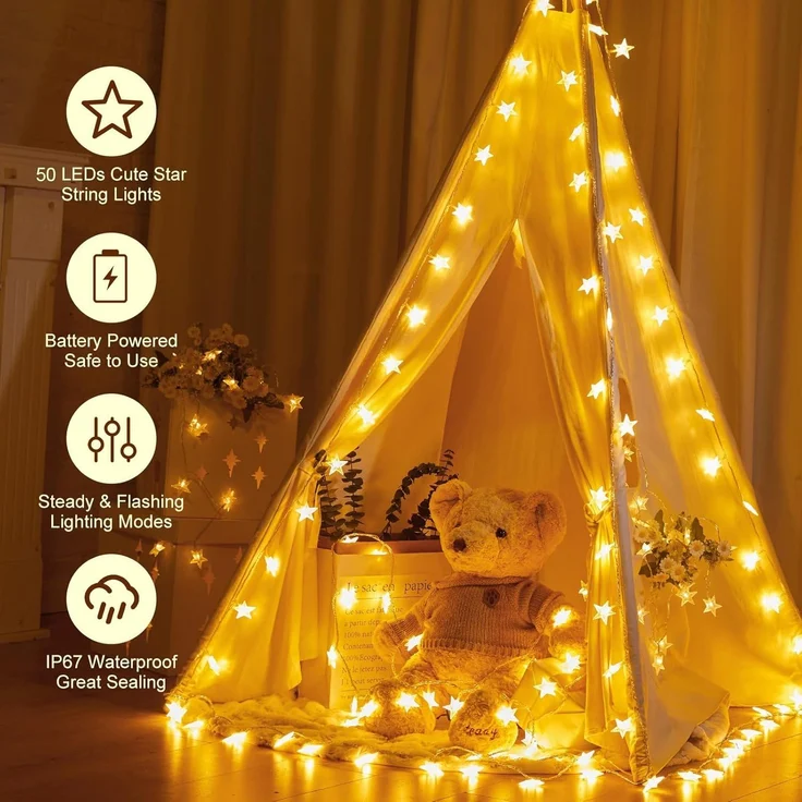 ABC LED-Sternen-Lichterkette, batteriebetrieben, 5 m, 50 LED, mit Timer – Bild 4
