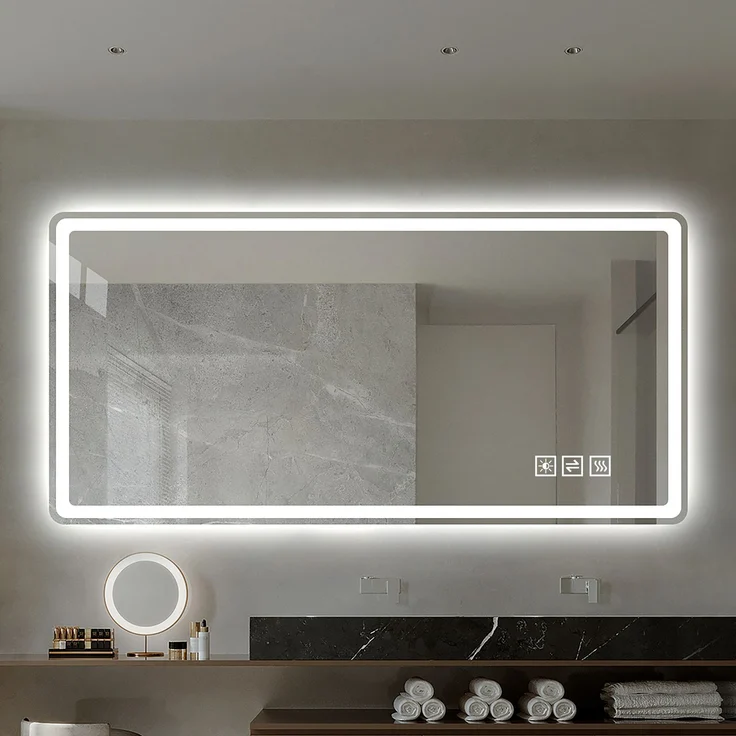 60×100cm Rahmenloser LED Badezimmerspiegel mit Mattierter Frontbeleuchtung, Anti-Beschlag, 3 Lichtfarben, Stufenlos Dimmbar, Memory-Funktion, Horizontal & Vertikal Montierbar, IP44 Wasserdicht--Silber--100x60x2.9cm--YOUDENOVA – Bild 1