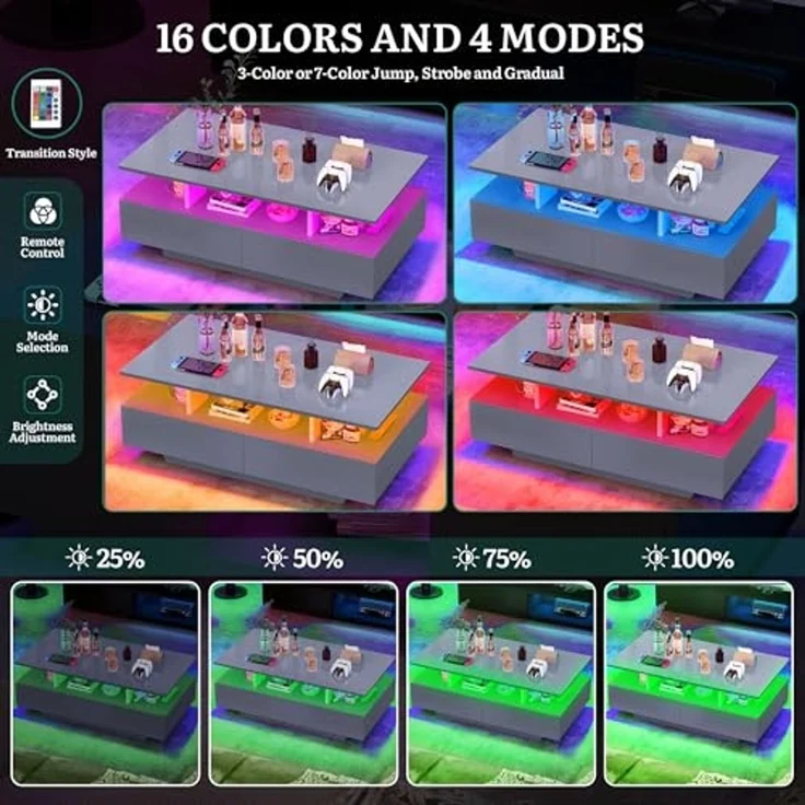 YITAHOME Couchtisch Grau, Wohnzimmertisch Hochglanz mit 16-Farbiger LED Beleuchtung Modern, Beistelltisch Weiss mit Offenem Ausstellungsregal und 4 Ausziehbaren Schubladen 90x55x41,1 cm – Bild 7