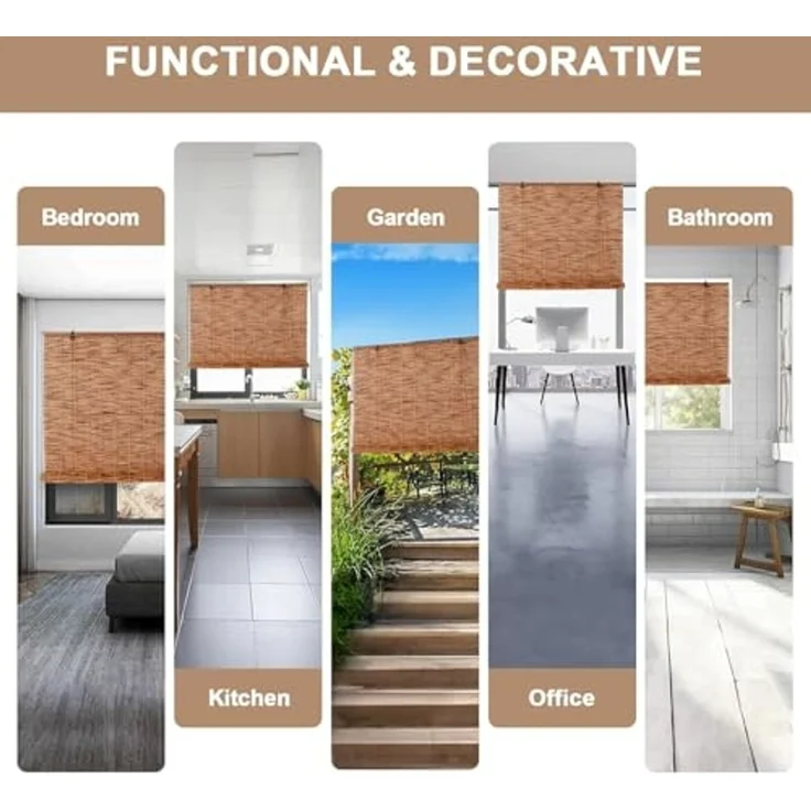 Bambus Rollo 100x220cm (Breite x Höhe) Sichtschutz und Sonnenschutz Jalousie Vorhang für Fenster, Tür, Balkon und Garten | Handgefertigtes Bambusrollo aus Schilfrohr mit Seiljustierung Wohnzimmer – Bild 4