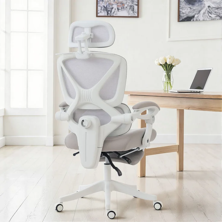 Wohnora-Bürostuhl, Ergonomischer Schreibtischstuhl mit Fußstütze, Wippfunktion, Armlehne, Netzstoff, Grau,H 1290cm x T 700cm x B 440cm,Hellgrau – Bild 4