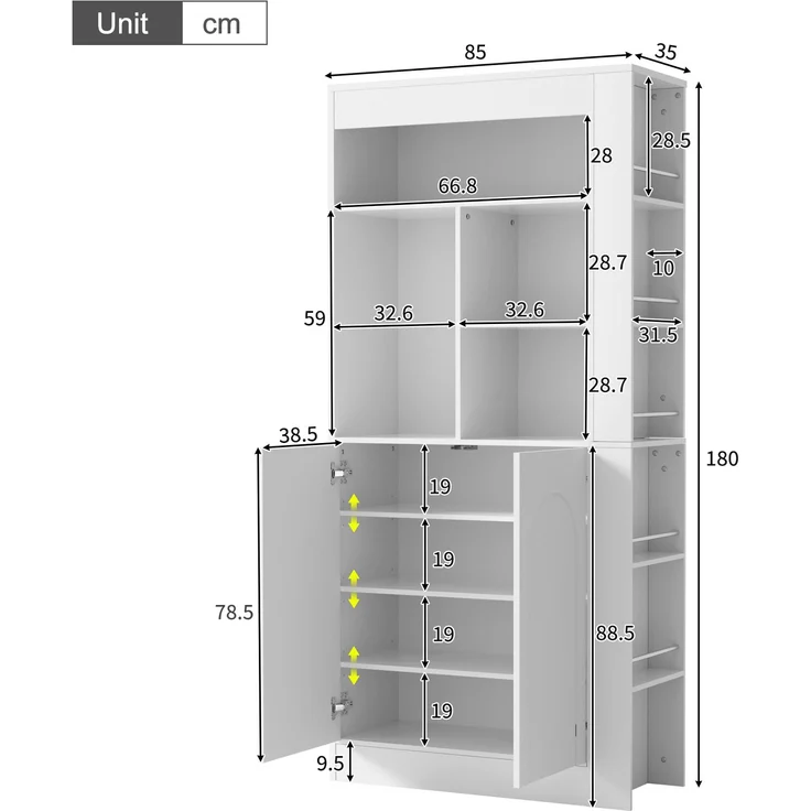 ZUBALIYA Regalschrank (85 x 35 x 180 cm), 2 Türen, Verstellbare Einlegeböden, Stauraum für Wohnzimmer, Arbeitszimmer und Flur, Weiß – Bild 2