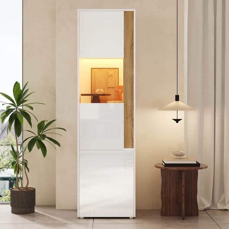 Vitrine, Aufbewahrungsmöbel, hoher Schrank mit LED-Beleuchtung, 2 Türen (eine davon aus Acryl). Geeignet für Wohnzimmer, Büros und Küchen. Weiß+Natural. Maße: B50 x T40 x H179 cm. – Bild 6